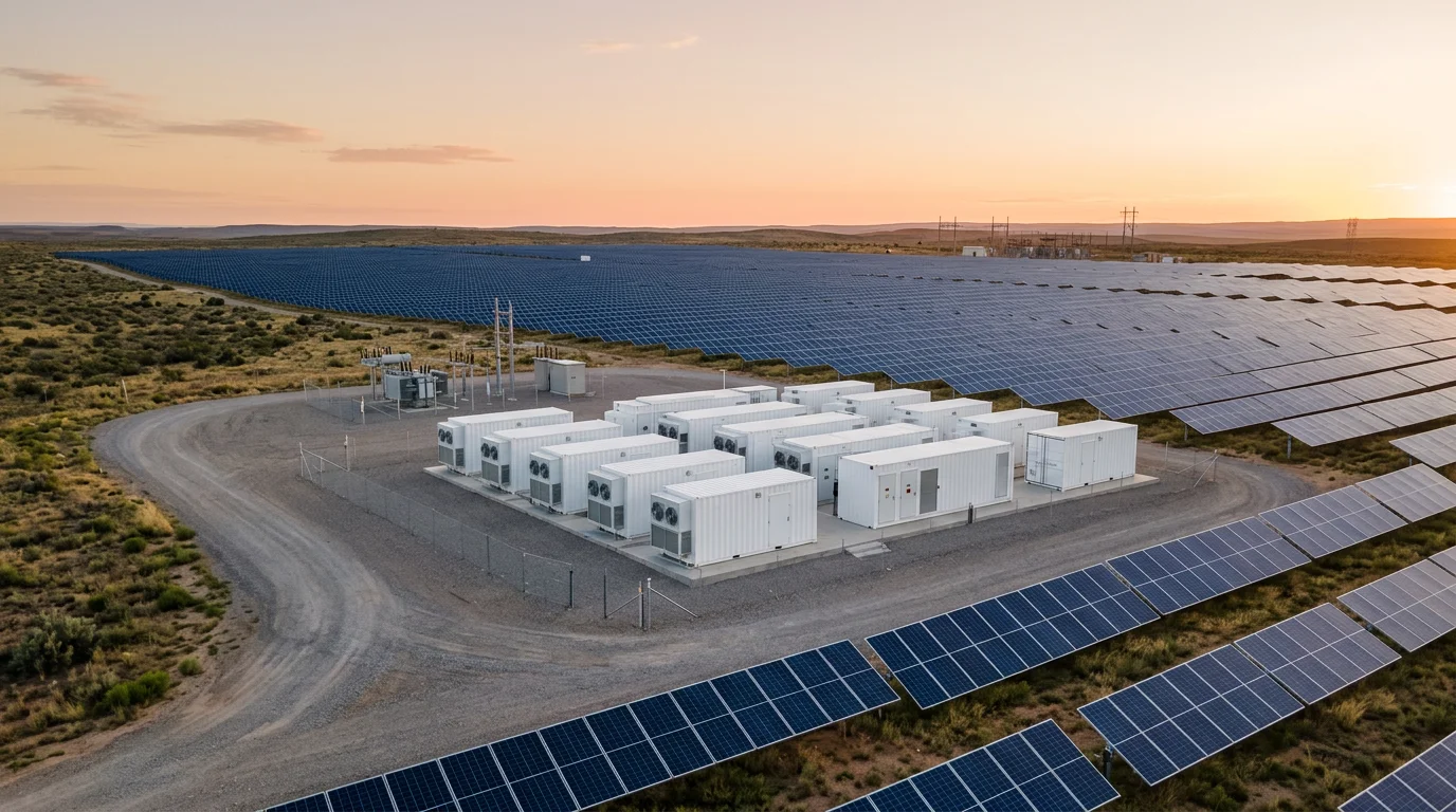 Utility-scale solar array with energy storage—global clean energy delivery.
